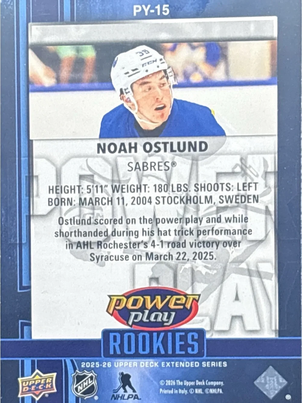 Upper Deck Noah Ostlund Rookie Hockey Trading Card